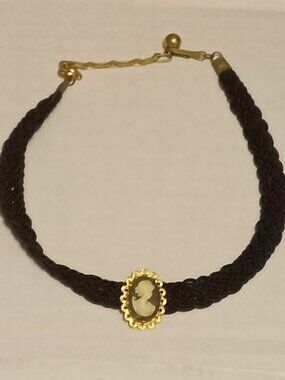 Black Braided Cameo Necklace with Gold Accent